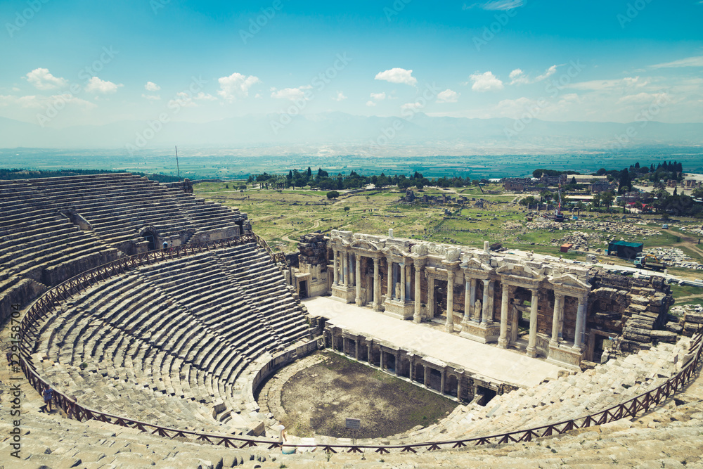 Ancient city of Hierapolis, Pamukkale, Turkey. The fascinating and beautiful beauty of the historical sites is here. Hierapolis of Phrygia, Denizli, Turkey