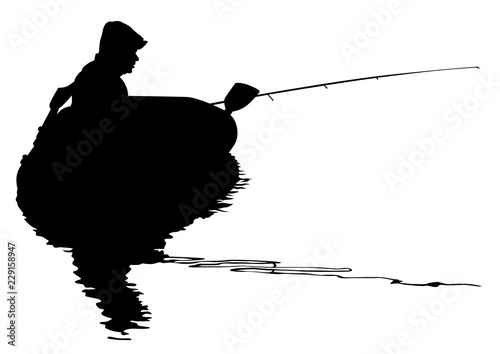 Fisherman with a fishing rod in a rubber boat on a white background