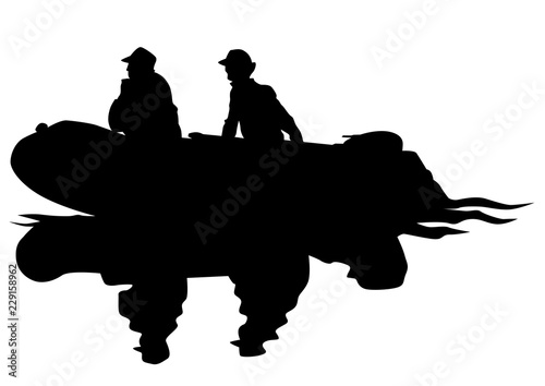Fisherman with a fishing rod in a rubber boat on a white background