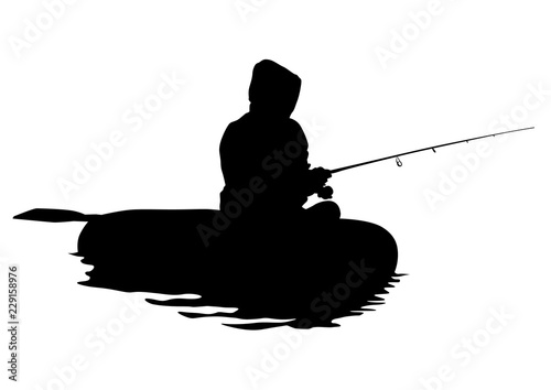 Fisherman with a fishing rod in a rubber boat on a white background