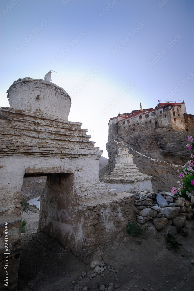The entrance chorten to Bardan Gompa on the cliff of Lungnak river valley in background, Zanskar, Ladakh region, India.