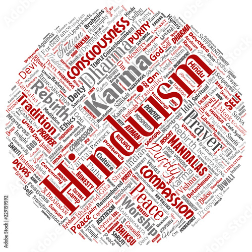 Vector conceptual hinduism, shiva, rama, yoga round circle red word cloud isolated background. Collage of mandalas, samsara, celebration, tradition, peace, compassion, rebirth, karma, dharma concept