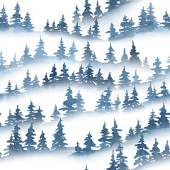Fototapete Waldmuster Kiefernsilhouetten Weihnachtsmuster in Aquarell  © IMR