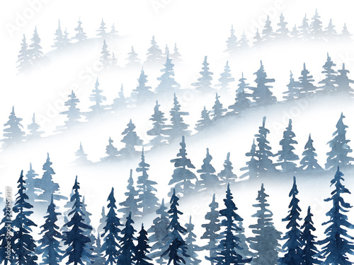 Watercolor misty pine trees landscape. Christmas and New Year illustration in indigo blue