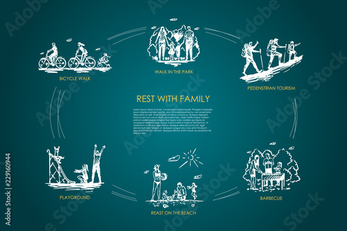 Rest with family - walk in park, bicycle walk, playground, barbecue, pedestrian tourism, rest on beach vector concept set