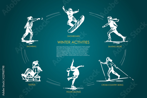 Winter activities - snowball, snowboard, skating sport, cross-country skiing, figure skating, sledge vector concept set