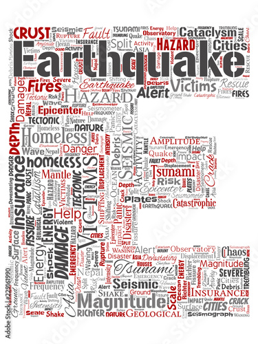 Vector conceptual earthquake activity letter font E red word cloud isolated background. Collage of natural seismic tectonic crust tremble, violent tsunami waves risk, tectonic plates shifting concept
