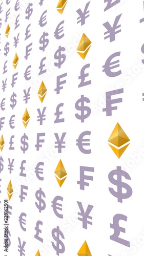 Ethereum classic and currency on a white background. Digital Cryptocurrency symbol. Business concept. Market Display. 3D illustration