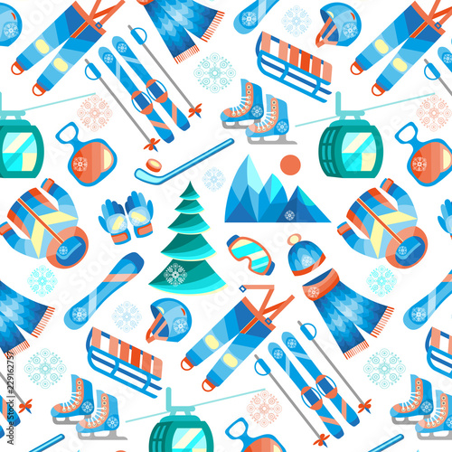 Winter sports seamless pattern with equipment flat icons.