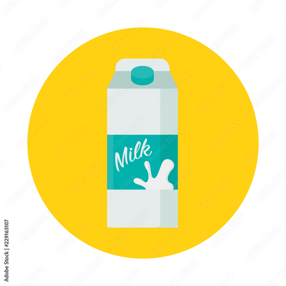 Pack of milk flat icon with long shadow isolated on yellow background. Simple milk package in flat style, vector illustration for web and mobile design. Breakfast element. Pack of milk flat icon with long shadow isolated on yellow background. Simple milk package in flat style, vector illustration for web and mobile design. Breakfast element.