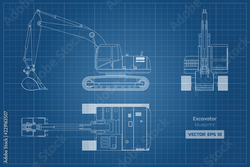 Blueprint of excavator on white background. Top, side and front view. Diesel digger. Hydraulic machinery image