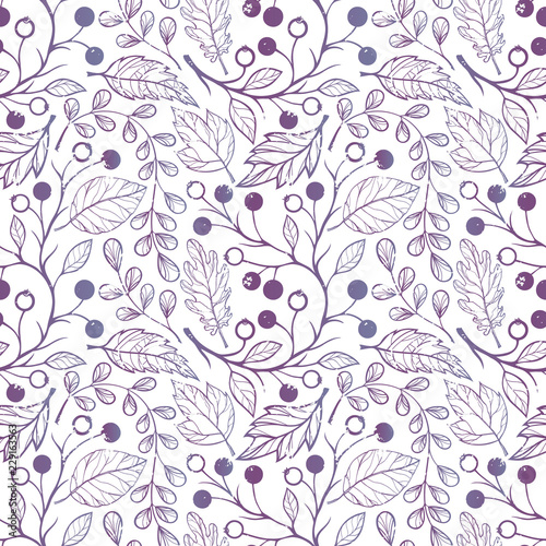 Seamless pattern. Pattern with leaves and berries. Hand drawn stylized elements. Decorative background for greeting cards  prints  flyer and so much more.