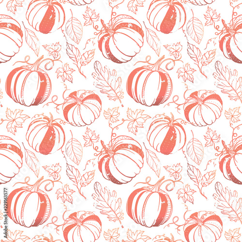 Seamless pattern.Grange pattern with stylized pumpkins and leaves in fall colors. Beautiful hand drawn vector elements. Decorative background for greeting cards, prints, flyer and so much more.