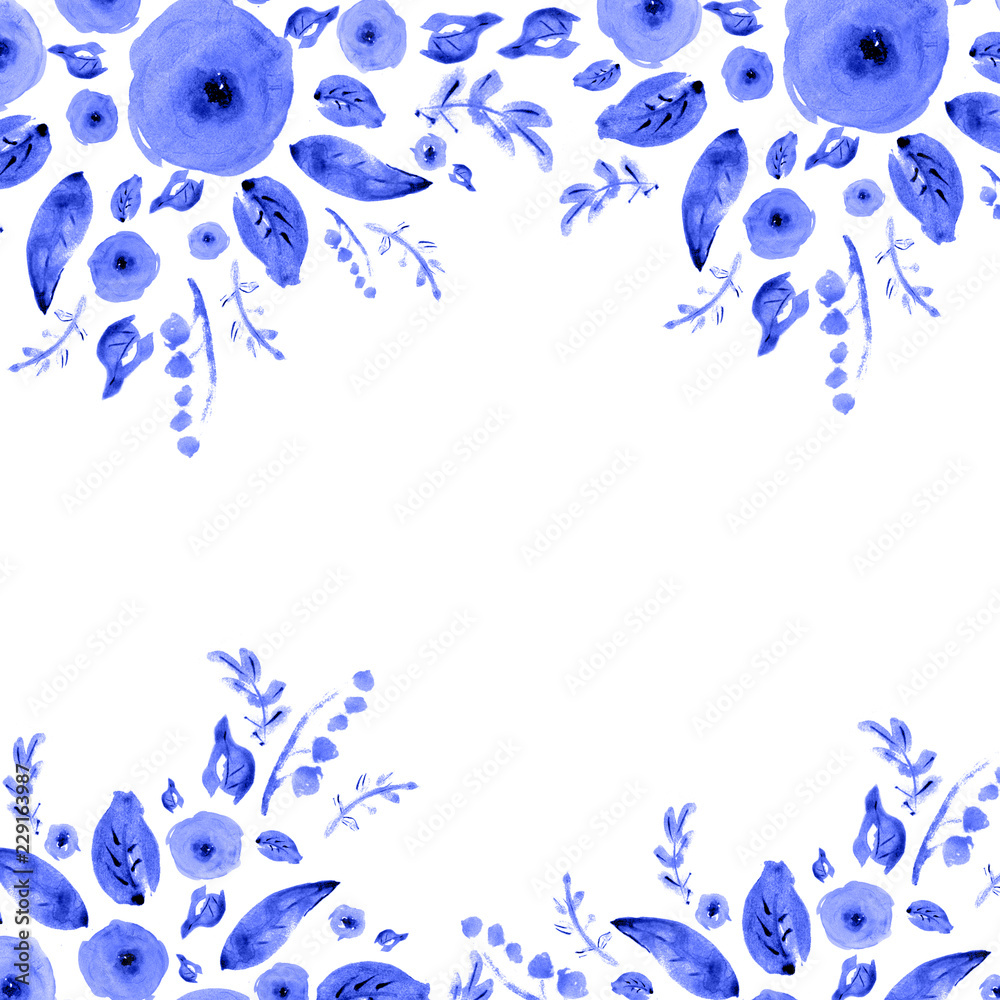 Painted watercolor composition with flowers and leaves. Frame of roses. Floral border. Can be used as invitation card for wedding, birthday, other holiday, summer background, poster, banner. Painted watercolor composition with flowers and leaves. Frame of roses. Floral border. Can be used as invitation card for wedding, birthday, other holiday, summer background, poster, banner.