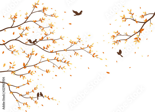 Autumn season with falling leaves with bird for wallpaper sticker