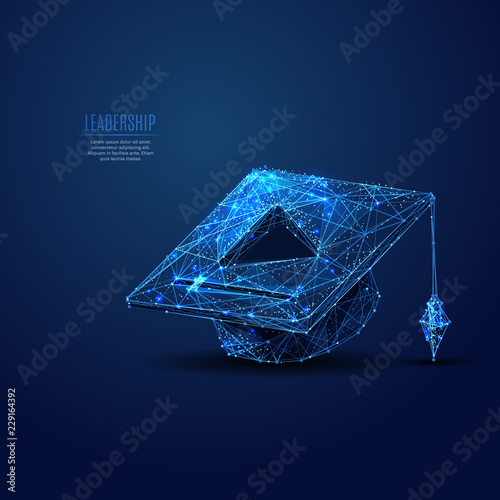 Online learning. Square academic cap and PLAY button. Polygonal abstract science illustration. Low poly blue vector illustration of a starry sky or Cosmos. Vector image in RGB Color mode.