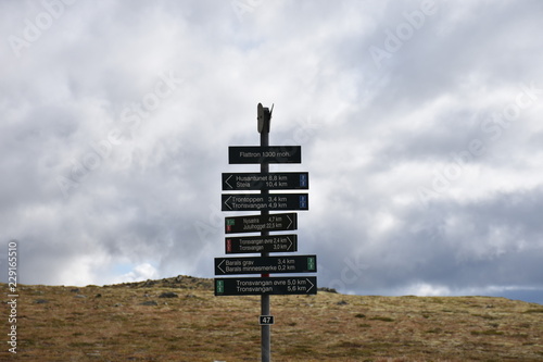 Norwegen, Tron, Berg, Gipfel, Straße, Tronfjell, Alvdal, Verkehrszeichen, Schild, Wegweiser, Tafel, Wanderwege, Richtung, Zeit, wandern, Sport, bergsteigen, Glåma, Weide photo