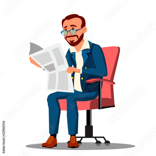 Businessman In Suit Reading A Newspaper In Comfortable Chair Vector. Isolated Illustration