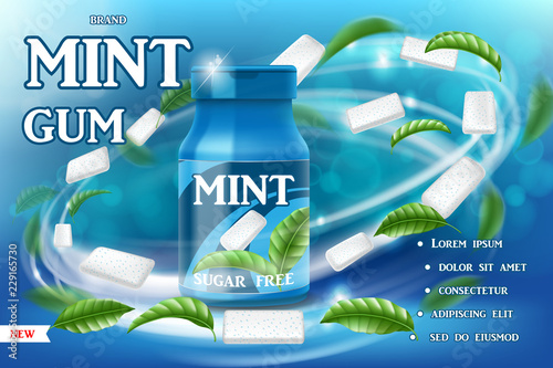 Realistic mint gum poster ads. Gum packaging with swirl of green leaves on blue background. Product package template design. Vector 3d illustration