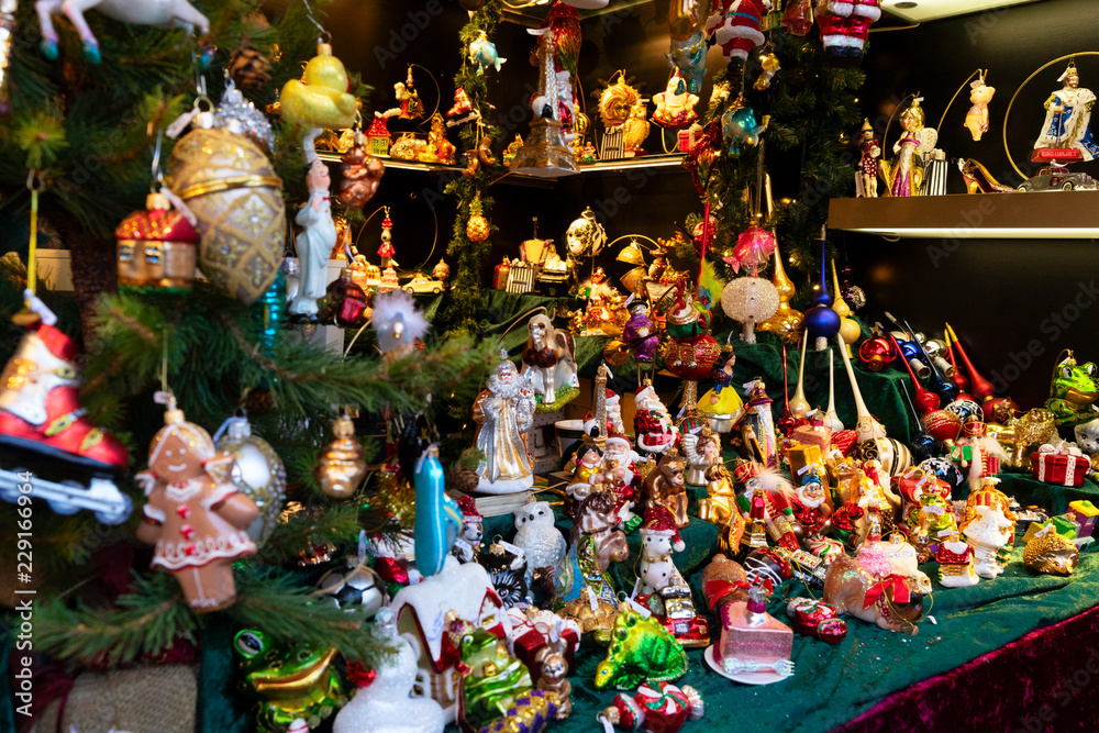 Christmas market kiosk details with cute christmas tree decorations