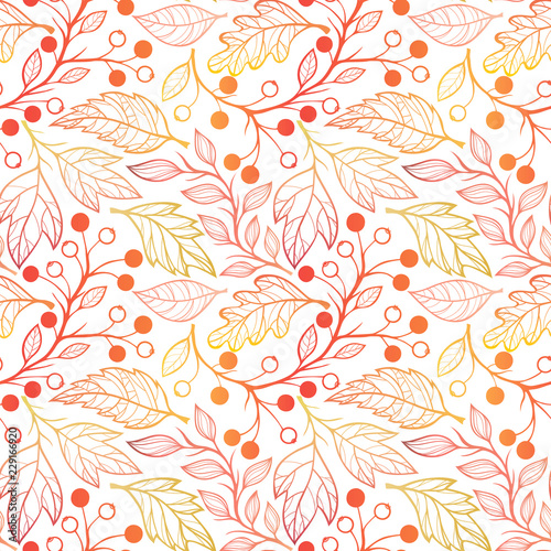 Seamless pattern. Bright pattern with leaves and berries in fall color. Beautiful hand drawn vector elements. Decorative background for greeting cards  prints  flyer and so much more.