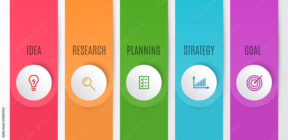 Business infographics chart. Timeline with 5 steps. Vector illustration of infographic element for idea, research, planning, strategy, goal. Business infographics chart. Timeline with 5 steps. Vector illustration of infographic element for idea, research, planning, strategy, goal.
