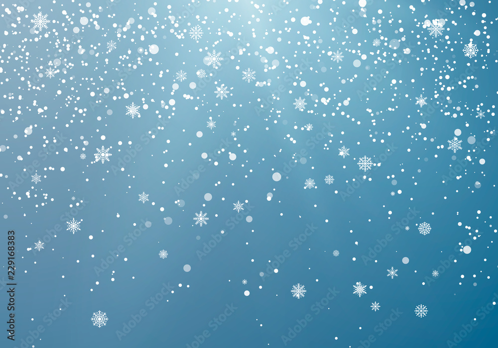 Seasonal Winter Holiday Snowfall. Festiveal Snowfall on Blue Sky. White Snowflakes Fall. Frost Snow and Sunshine. Vector Illustration Isolated on Blue Background Seasonal Winter Holiday Snowfall. Festiveal Snowfall on Blue Sky. White Snowflakes Fall. Frost Snow and Sunshine. Vector Illustration Isolated on Blue Background