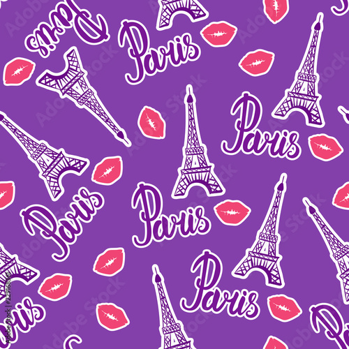 Bright design print fabric. Seamless pattern. Illustration purple ink Eiffel Tower and kiss lips. Abstract ornament with sticker hand drawing. Vector illustration is isolated on a purple