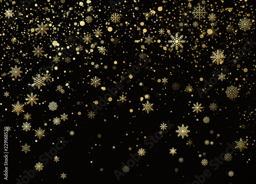 Falling Golden Snowflakes isolated on darck background. New Year nad Christmas decorative pattern. Vector illustration