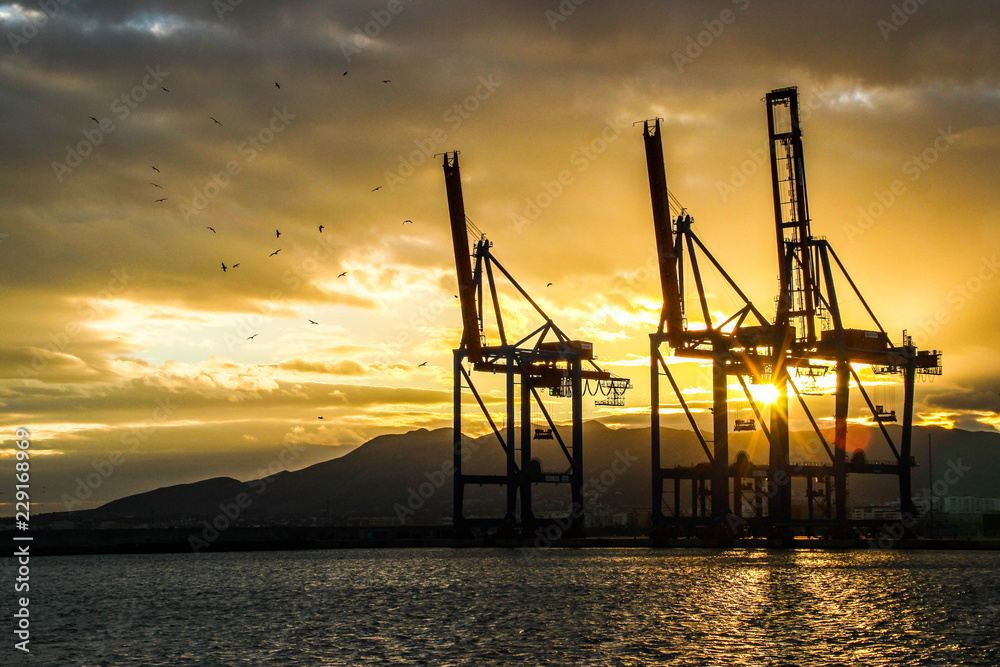 Silhouette of industrial cranes during a beautiful golden sunset in the harbour of Malaga.