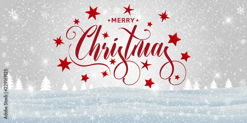 Merry Christmas inscription decorated with red stars on the winter background. Vector illustration.