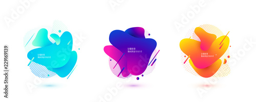 Abstract liquid shape. Fluid design. Isolated gradient waves with geometric lines, dots. Vector illustration.