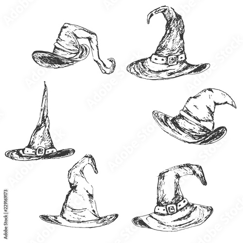 Set of Hand drawn Halloween textured witch's hat vector illustration.