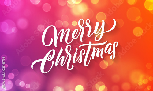 Merry Christmas lettering and Xmas holiday background. Vector Christmas light flares greeting card