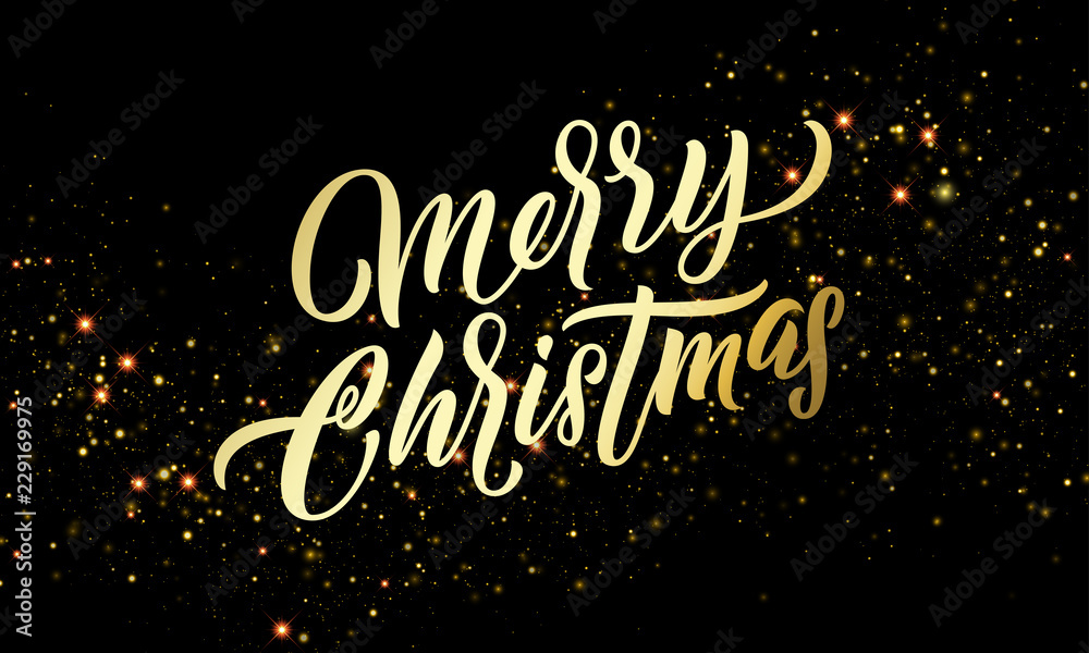 Christmas golden light sparkles and gold calligraphy lettering. Xmas holiday golden glitter light blurs, Merry Christmas vector greeting card