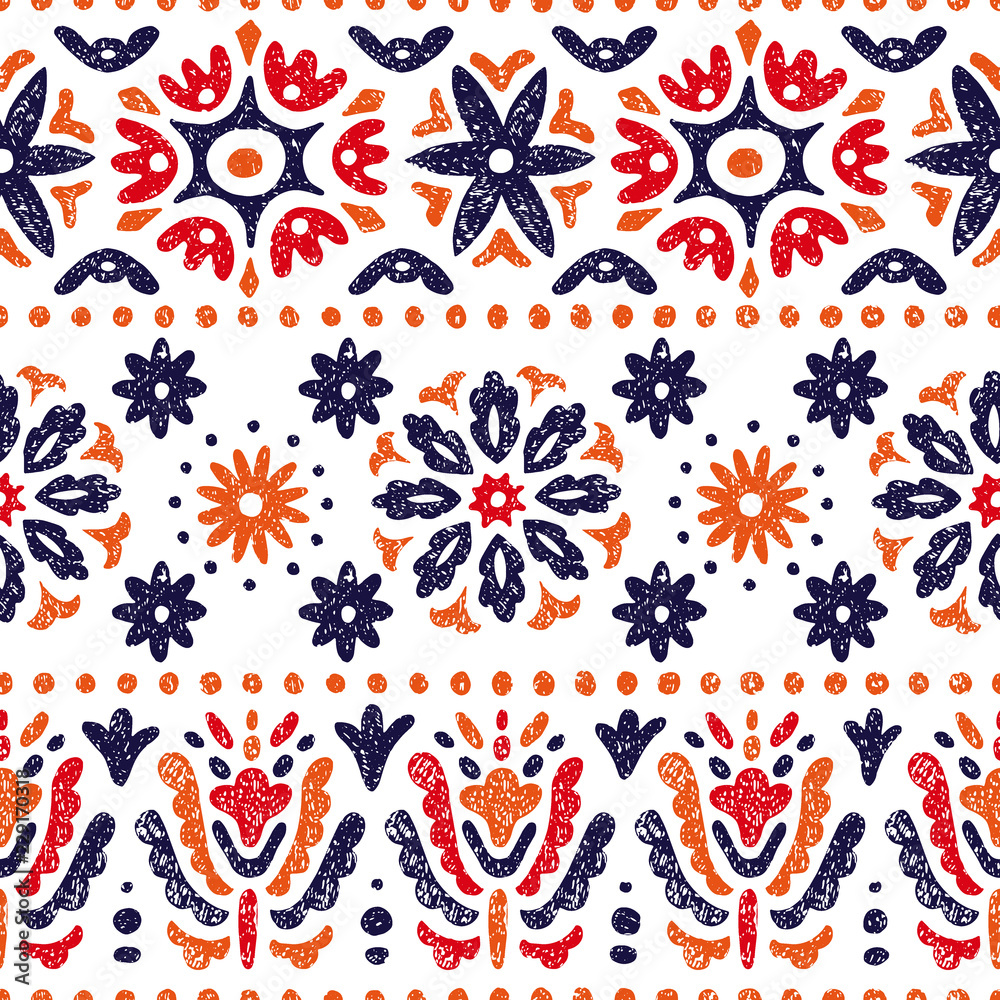 Seamless vintage pattern. Horizontal lines on a white background. Abstraction, flowers, ethnic and tribal motifs. Vector illustration.