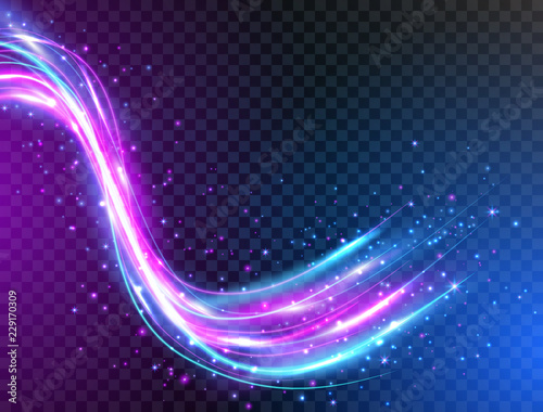 Futuristic waves in speed motion. Neon glowing curves strewn with sparks in dark space. Glowing swirl trail. Light painting effect. Abstract luminous blue and violet lines. Vector illustration