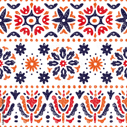 Seamless vintage pattern. Horizontal lines on a white background. Abstraction, flowers, ethnic and tribal motifs. Vector illustration.
