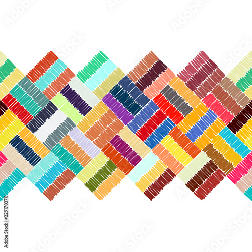 Embroidery - seamless ornament. Colored lines on a black background. Handmade. Ethnic and tribal motifs. Print in the bohemian style. Vector illustration.