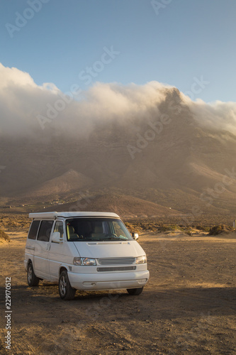 Camper van parked on Cofete beach in Fuerteventura.