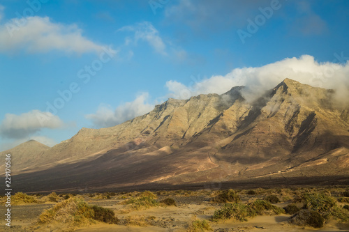 Mountains with blue sky and white clouds in Cofete, Fuerteventura.