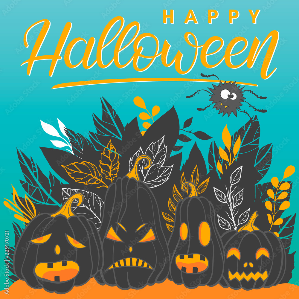 Fototapeta premium Halloween background with pumpkins and spider.Perfect for prints,banners,invitations and more.