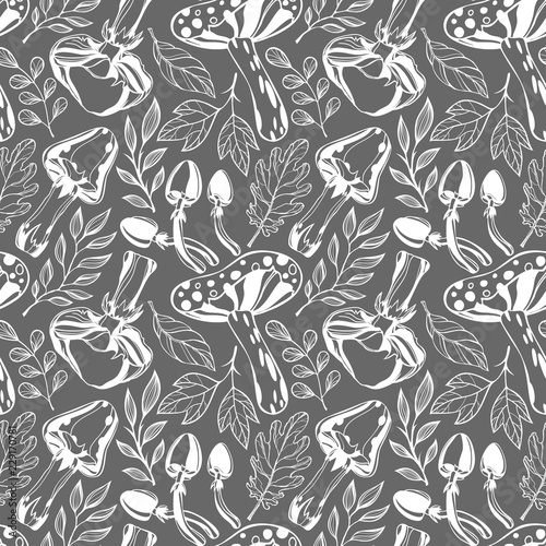 Seamless pattern.Black and white pattern with stylized mushrooms and leaves on a grey background.Perfect for prints, flyers,banners,invitations,special offer and more.Vector autumn illustration.