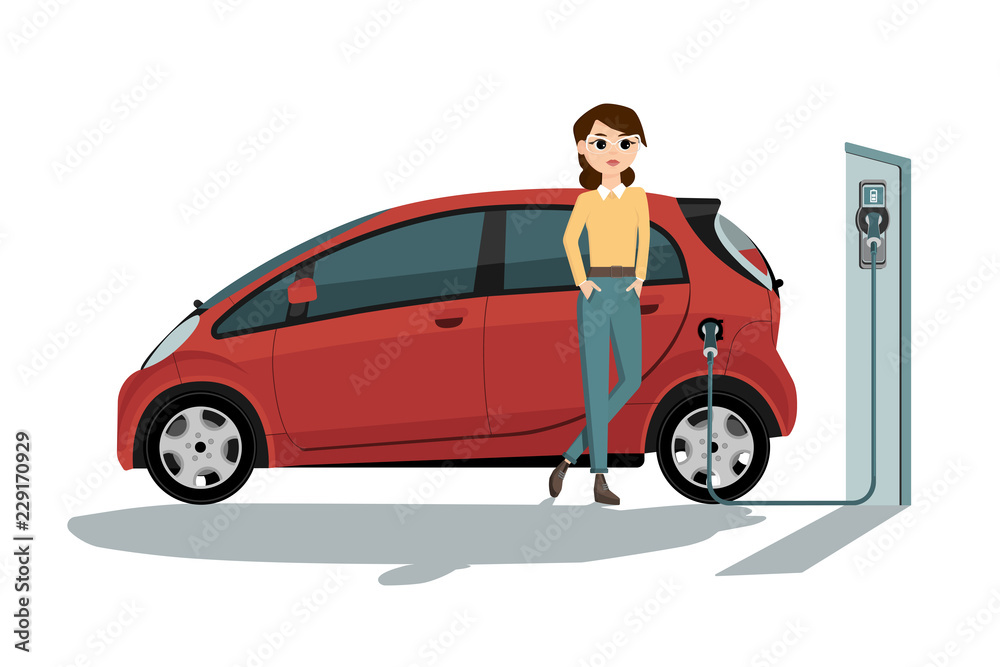Womancharges an electric car at a charging station. Isolated on white background. Womancharges an electric car at a charging station. Isolated on white background.