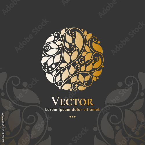Golden leaf emblem. Elegant, classic elements. Can be used for jewelry, beauty and fashion industry. Great for logo, monogram, invitation, flyer, menu, brochure, background, or any desired idea.