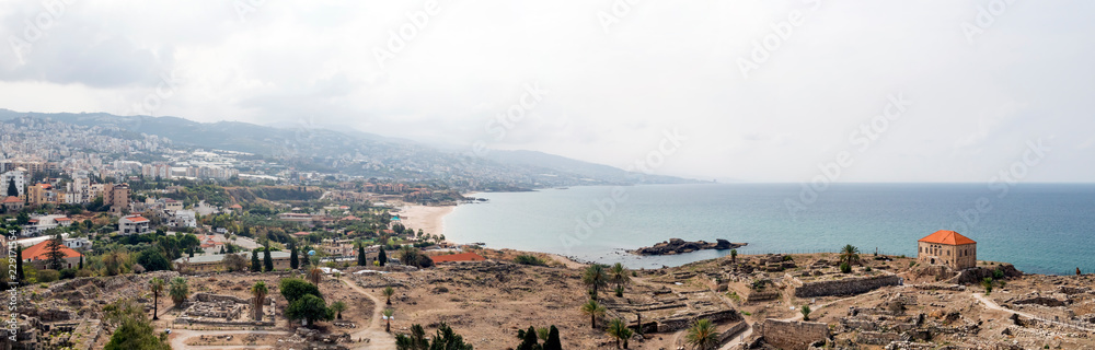 Panoramic view of the ancient ruins at Byblos, Lebanon along the Mediterranean Sea