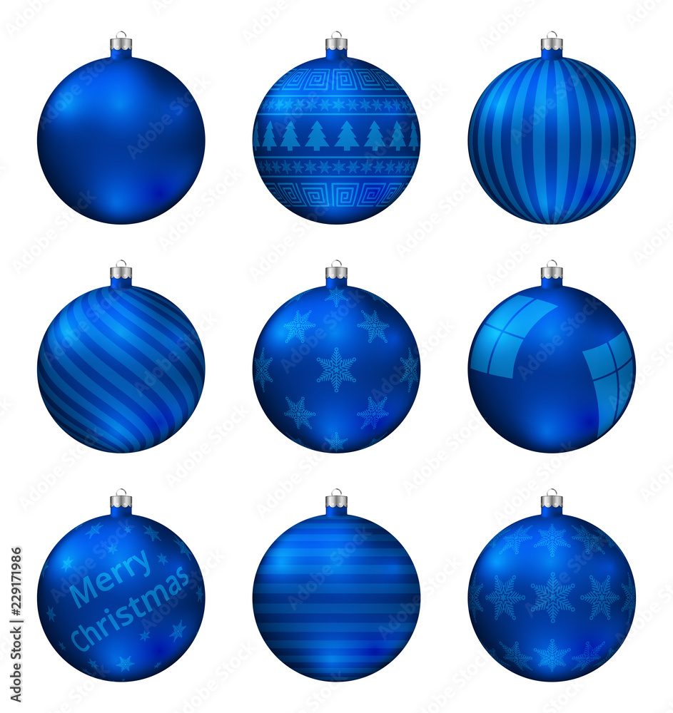 Blue christmas balls isolated on white background. Photorealistic high quality vector set of christmas baubles. Different pattern. Blue christmas balls isolated on white background. Photorealistic high quality vector set of christmas baubles. Different pattern.