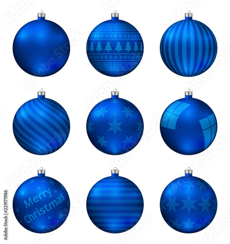 Blue christmas balls isolated on white background. Photorealistic high quality vector set of christmas baubles. Different pattern.