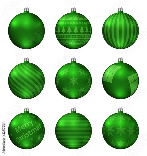Green christmas balls isolated on white background. Photorealistic high quality vector set of christmas baubles. Different pattern.
