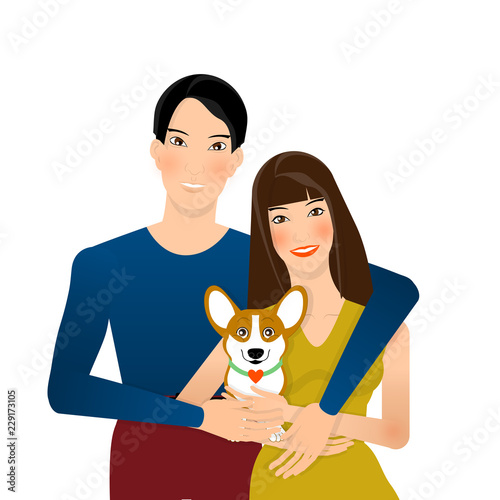 young hipster couple is hugging holding dog in arms